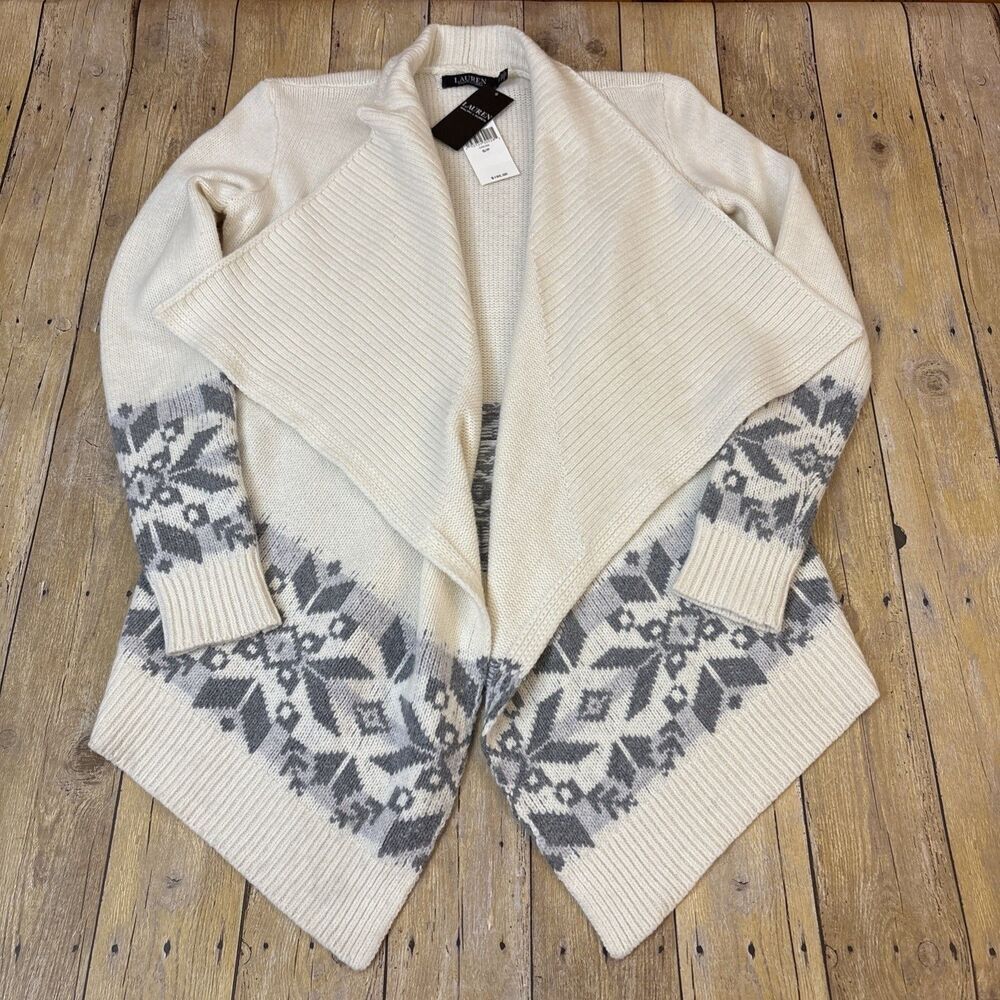 Lauren Ralph Lauren Open Cardigan Sweater Shawl Fair Isle Womens Small NEW NWT